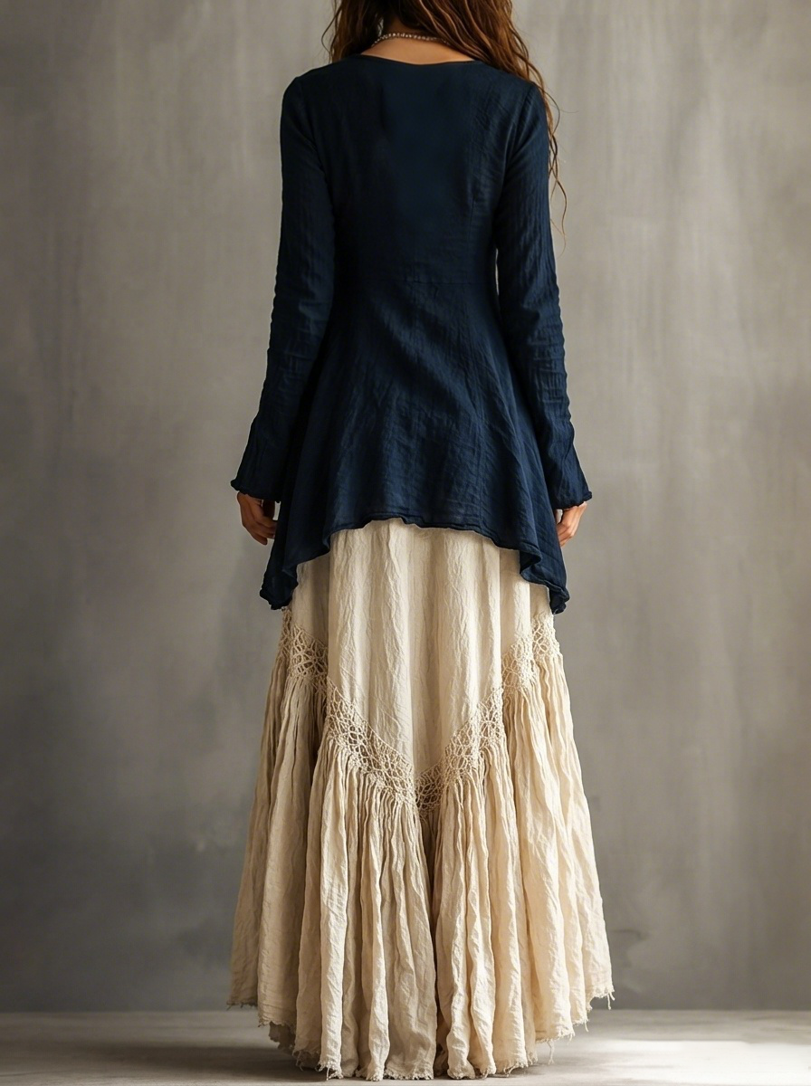 Conjunto bohemio de top asimétrico de manga larga y falda maxi